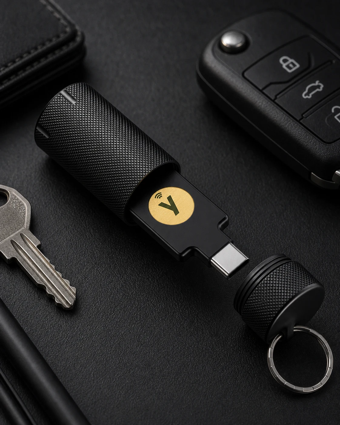 Open NOPKEY YubiKey case in an everyday carry setup