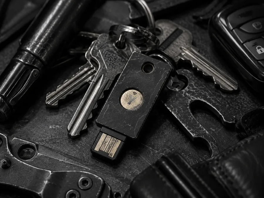 Bare YubiKey mixed with metal keys and everyday carry tools
