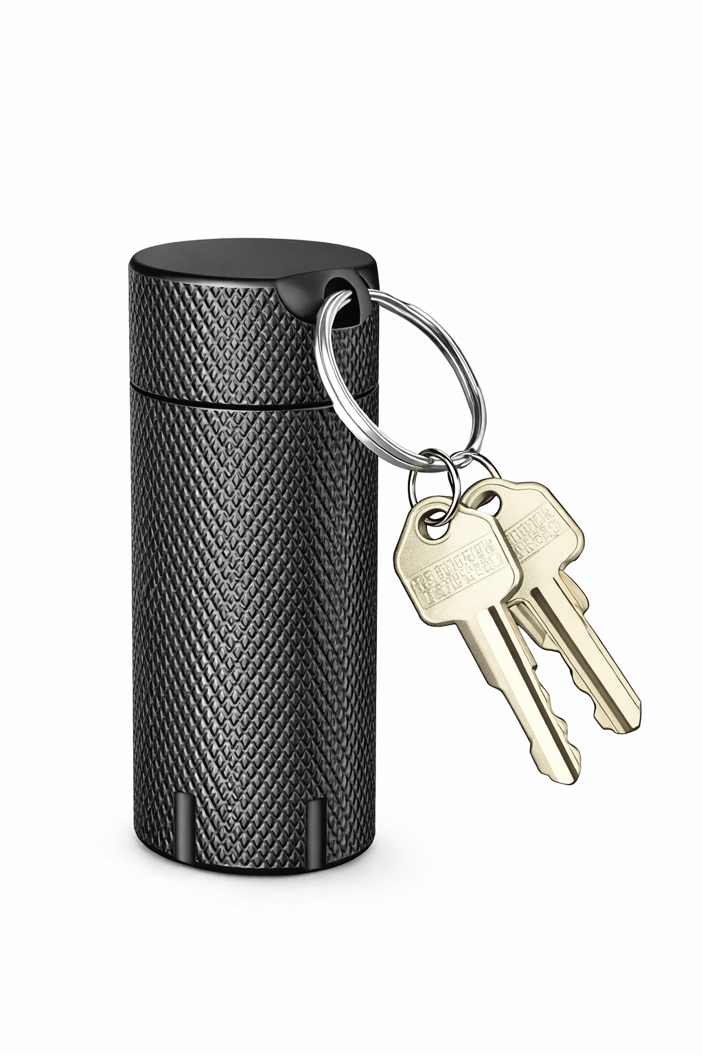 Premium black metal YubiKey case closed with house keys on keyring