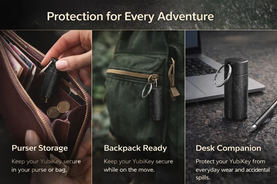 NOPKEY shown in purse, backpack, and desk carry situations